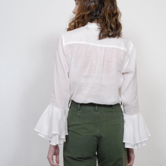 White Ramie + Cotton Bell Sleeve Victorian Boho Blouse S - Picture 2 of 11